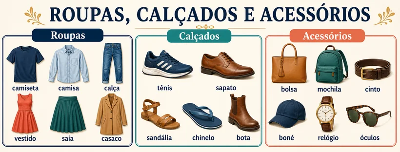 Quadro de roupas, calçados e acessórios com nomes em português.