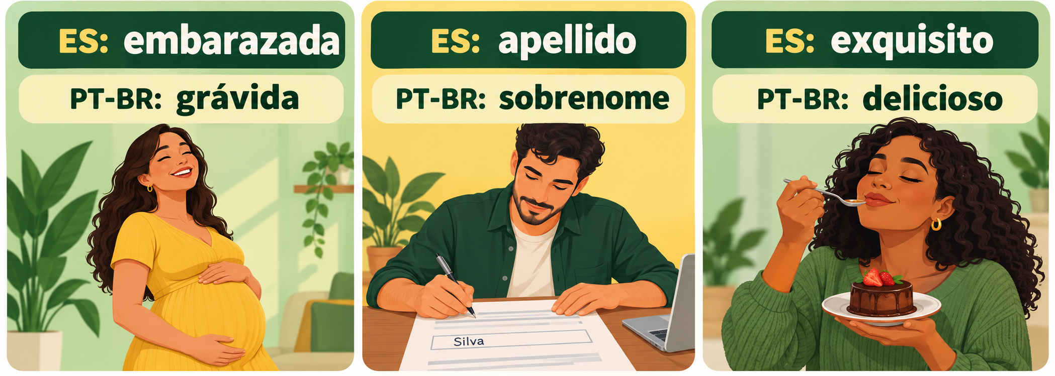 Três comparações ilustradas: embarazada em espanhol corresponde a grávida em português brasileiro; apellido corresponde a sobrenome; exquisito, quando se fala de comida, corresponde a delicioso.