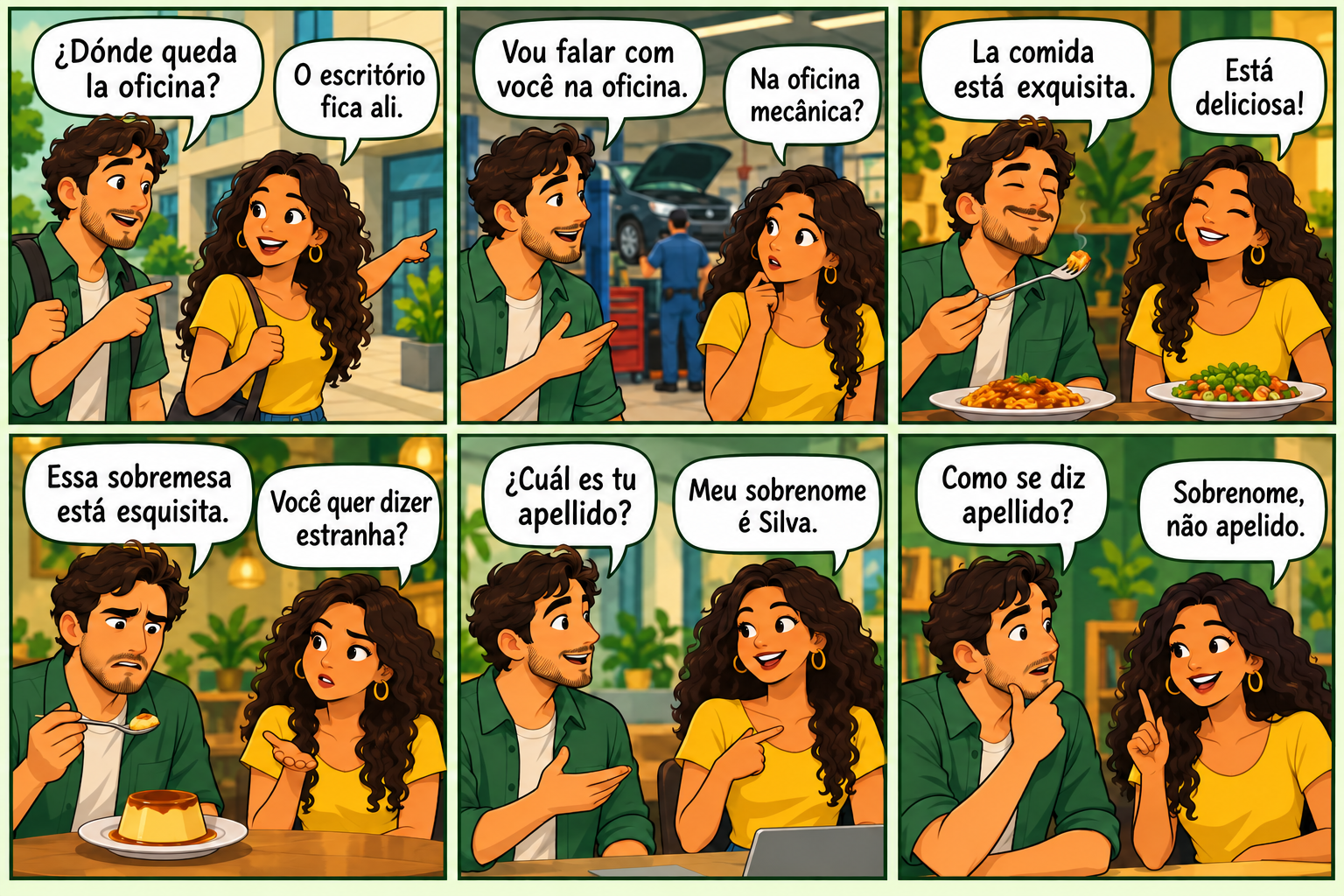 História em quadrinhos com diálogos sobre oficina e escritório, exquisito e esquisito, apellido e sobrenome.