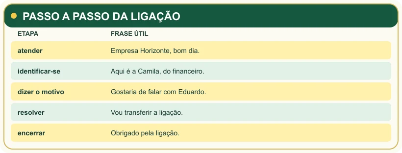 Passo a passo de uma ligação profissional em português.