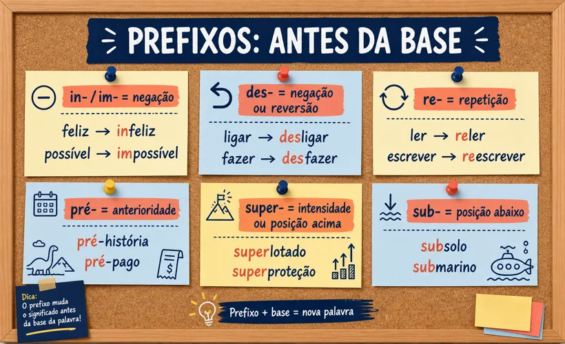 Quadro visual com prefixos comuns em português e exemplos de formação de palavras.