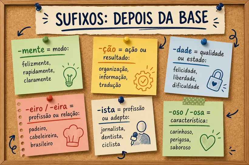 Quadro visual com sufixos comuns em português, seus sentidos e exemplos.