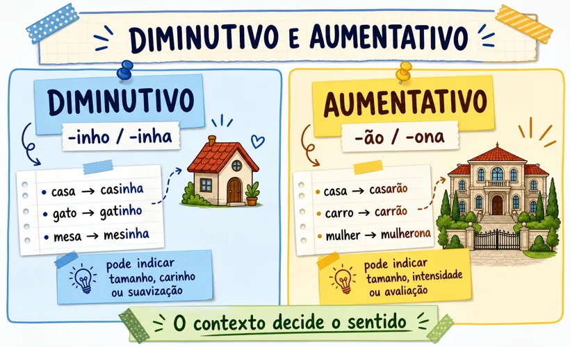 Comparação visual entre diminutivo e aumentativo em português com exemplos e sentidos.