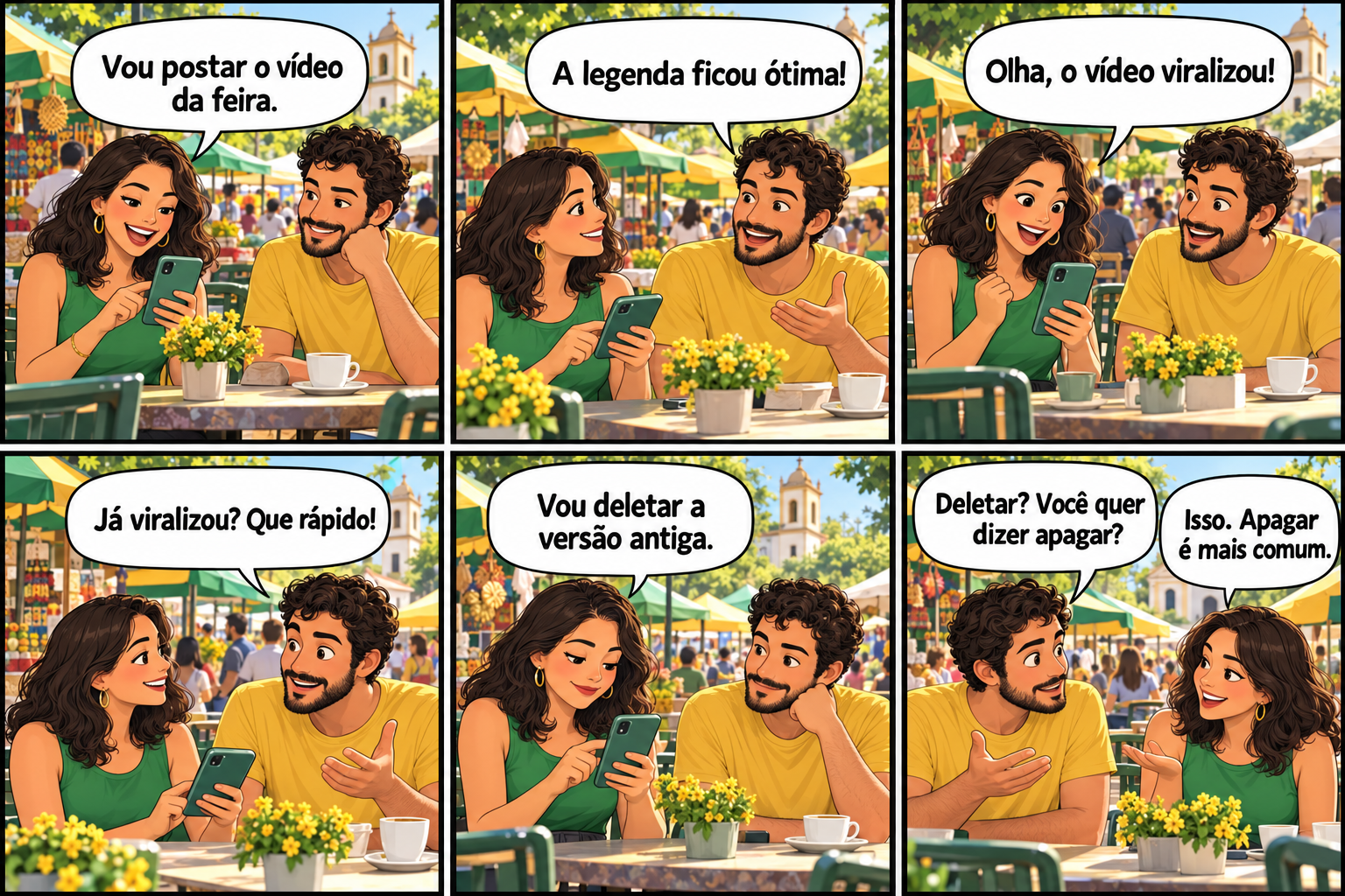 Tirinha verde e amarela em seis quadros. Ana diz que vai postar o vídeo da feira. Beto elogia a legenda. Ana percebe que o vídeo viralizou. Beto se surpreende com a rapidez. Ana diz que vai deletar a versão antiga. Beto pergunta se ela quer dizer apagar, e Ana confirma que apagar é mais comum.