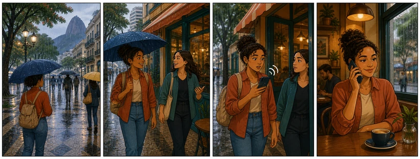 História em quatro quadros: chovia, duas amigas caminhavam, o telefone tocou e uma delas atendeu no café.