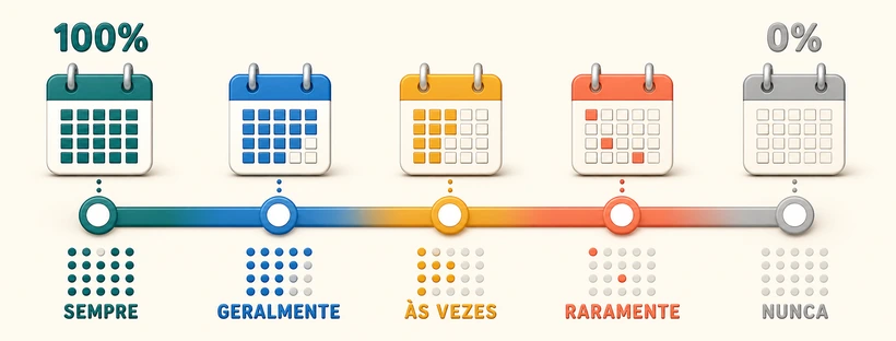 Escala visual de frequência com sempre, geralmente, às vezes, raramente e nunca.