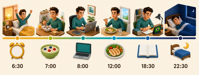 Linha do tempo visual de uma rotina com atividades às seis e meia, sete, oito, meio-dia, seis e meia da tarde e dez e meia da noite.