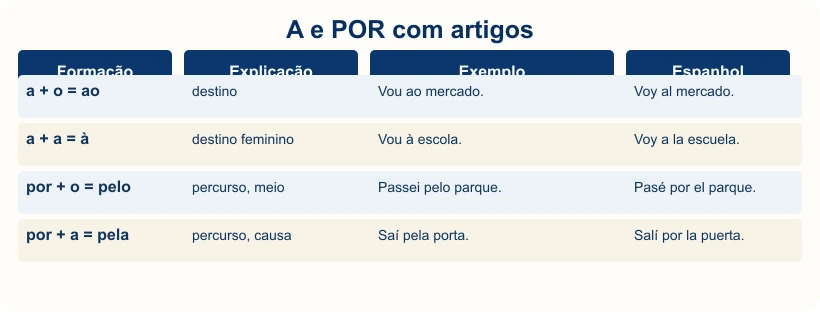 Tabela com ao, à, pelo e pela, exemplos e traduções.