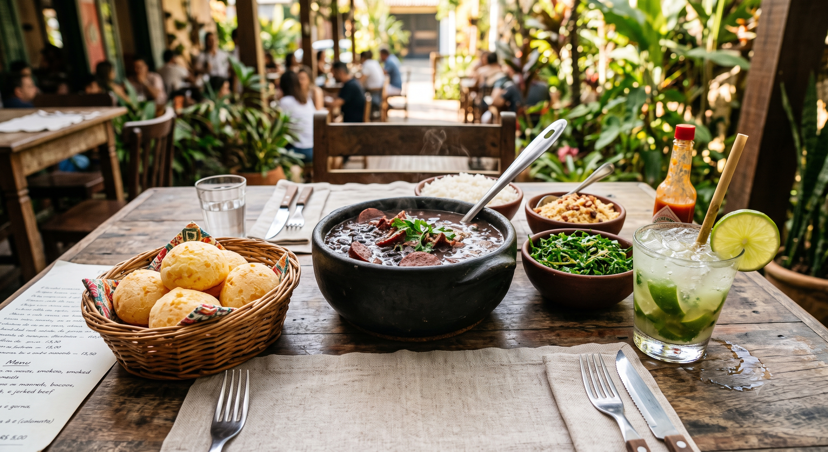 Mesa com feijoada, pão de queijo e caipirinha.