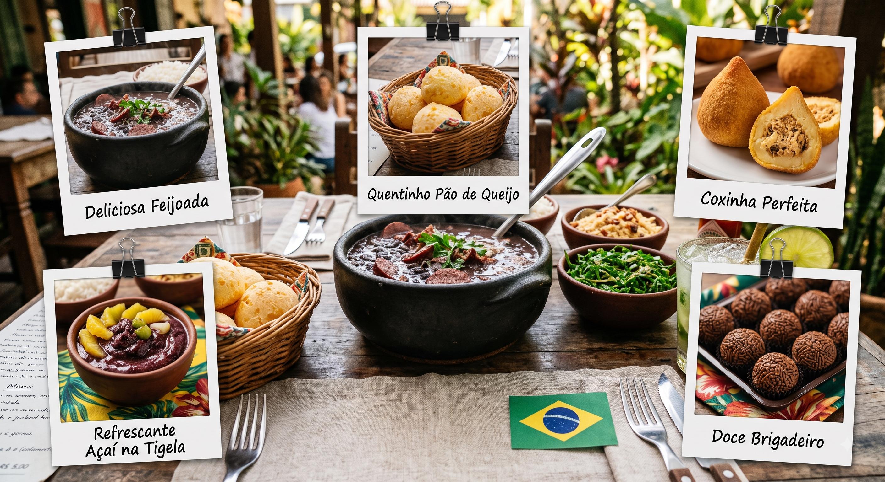 Collage dos pratos típicos com etiquetas: feijoada, pão de queijo, coxinha, açaí e brigadeiro.