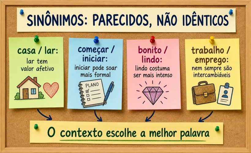 Quadro de estudo sobre sinônimos e a importância do contexto.