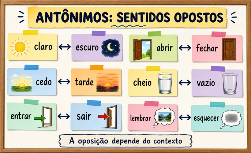 Quadro de estudo com pares de antônimos frequentes em português.