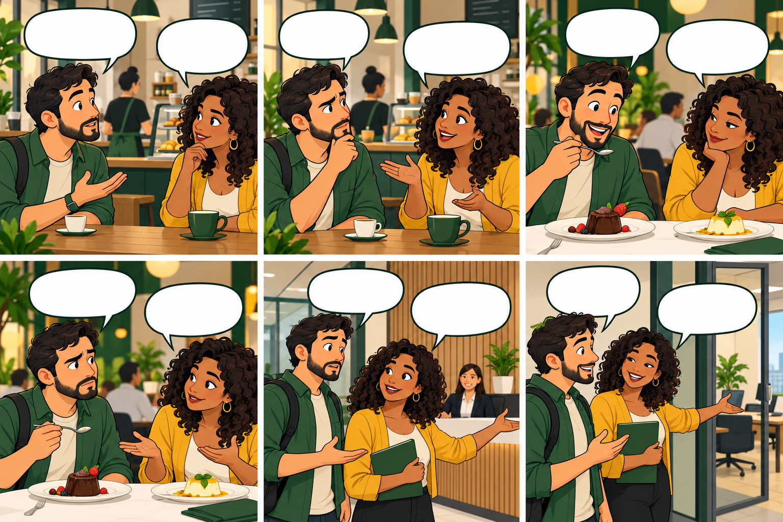 Tirinha em seis quadros, organizada em três colunas por duas linhas: duas pessoas conversam em um café e num escritório sobre rato, exquisita e oficina.