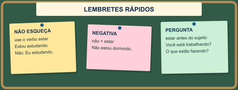 Mural com lembretes para afirmativa, negativa e pergunta.