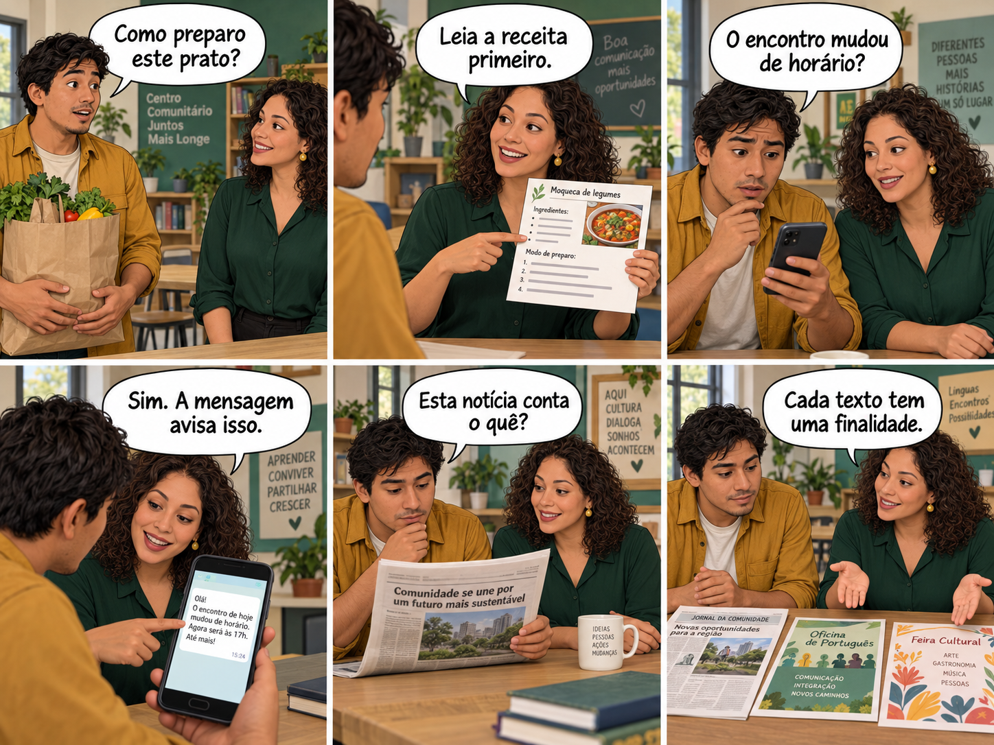 Tirinha horizontal de seis quadros com Diego e Marina usando receita, mensagem e notícia em situações diferentes.