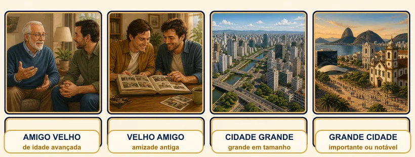 Quadro que compara amigo velho e velho amigo, cidade grande e grande cidade.