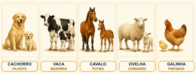 Quadro comparativo com cachorro e filhote, vaca e bezerro, cavalo e potro, ovelha e cordeiro, galinha e pintinho.
