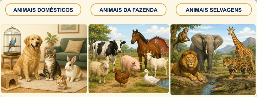 Quadro ilustrado que organiza animais domésticos, animais da fazenda e animais selvagens.