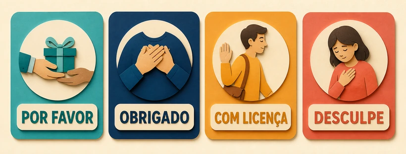 Quadro visual com quatro expressões de cortesia: por favor, obrigado, com licença e desculpe.