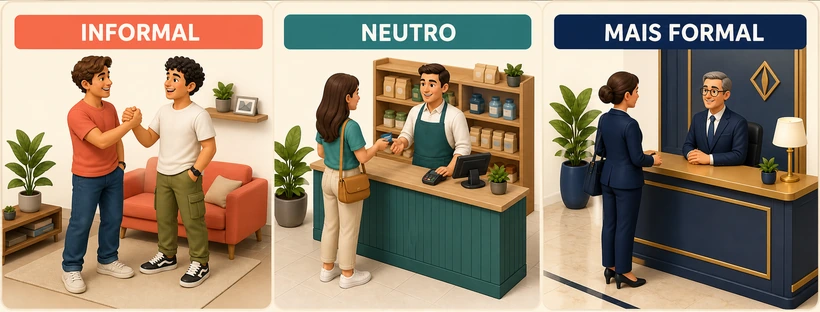 Três situações que representam linguagem informal, neutra e mais formal.