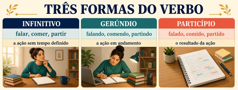 Quadro com infinitivo, gerúndio e particípio dos verbos falar, comer e partir.
