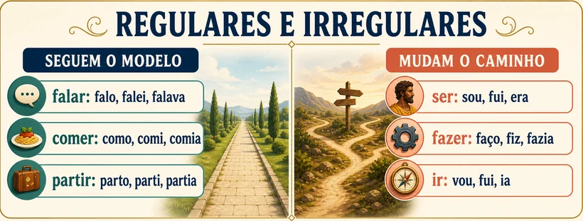 Comparação visual entre verbos regulares e irregulares.