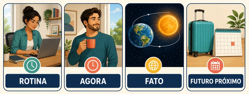 Quadro visual com quatro usos do presente do indicativo: rotina, agora, fato e futuro próximo.