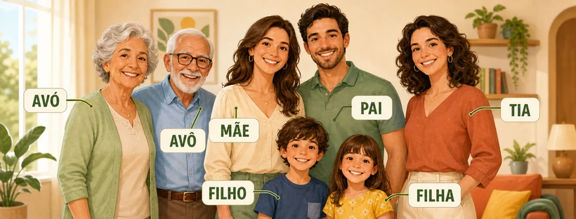 Infográfico de uma família brasileira com as pessoas identificadas como avó, avô, mãe, pai, tia, filho e filha.