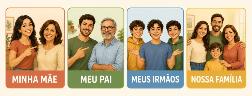 Quatro exemplos visuais de concordância possessiva: minha mãe, meu pai, meus irmãos e nossa família.