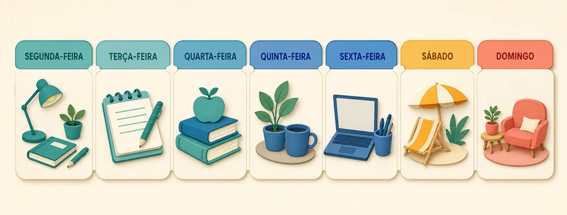 Quadro visual com os sete dias da semana, de segunda-feira a domingo.