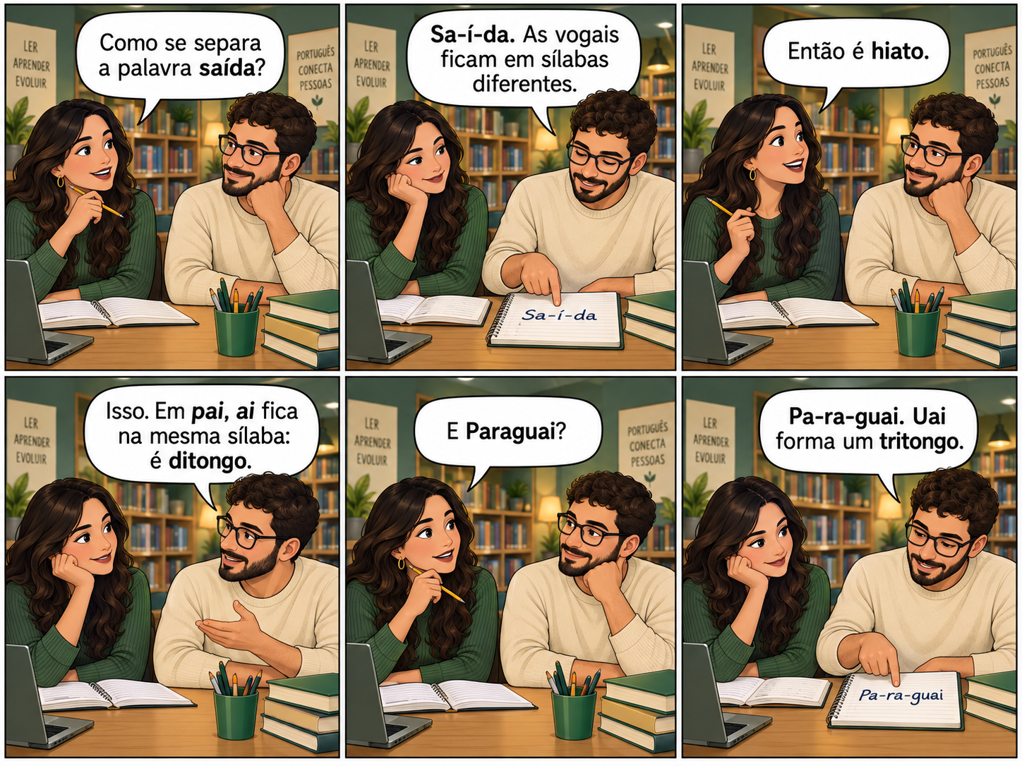 Tirinha horizontal de seis quadros em que Ana e Bruno comparam saída, pai e Paraguai para reconhecer hiato, ditongo e tritongo.