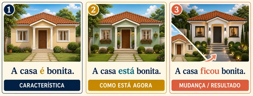 Comparação entre a casa é bonita, está bonita e ficou bonita