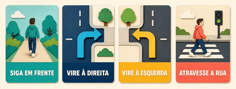 Quadro visual com as instruções siga em frente, vire à direita, vire à esquerda e atravesse a rua.