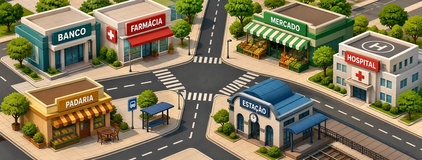 Mapa ilustrado de um bairro com banco, farmácia, mercado, hospital, padaria e estação.
