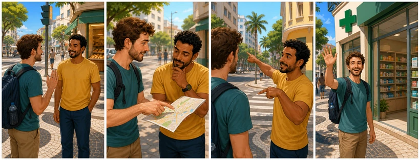 História em quatro quadros mostrando uma pessoa pedindo informação e chegando à farmácia.
