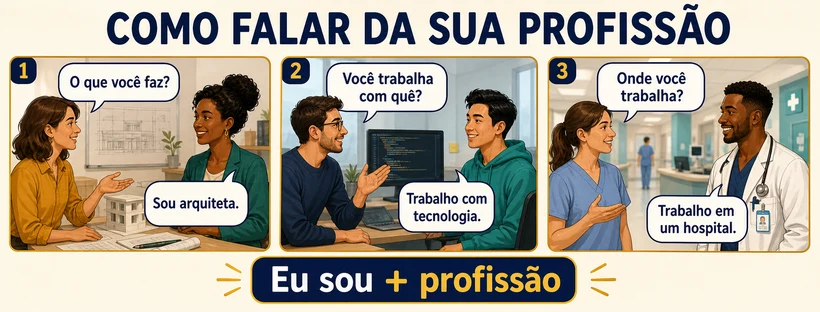 Quadro com perguntas e respostas naturais para falar da profissão e do local de trabalho.