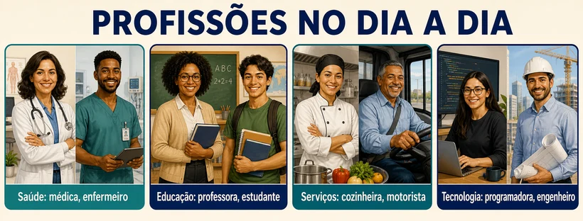 Quadro ilustrado com profissionais das áreas de saúde, educação, serviços e tecnologia.