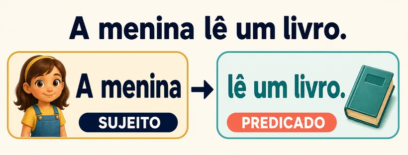A oração A menina lê um livro dividida em sujeito e predicado.