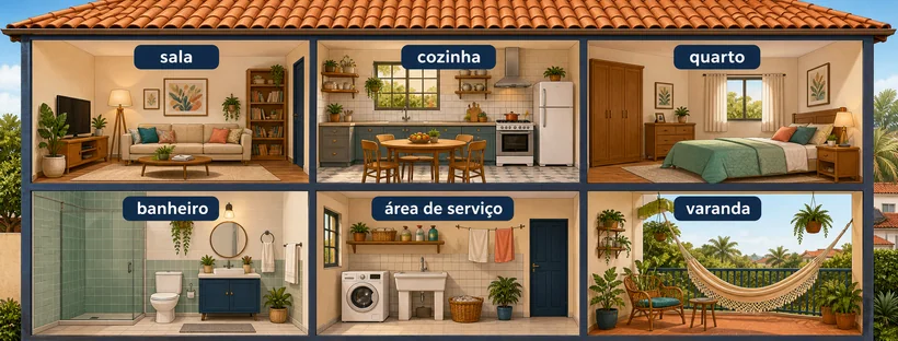 Casa ilustrada com sala, cozinha, quarto, banheiro, área de serviço e varanda.
