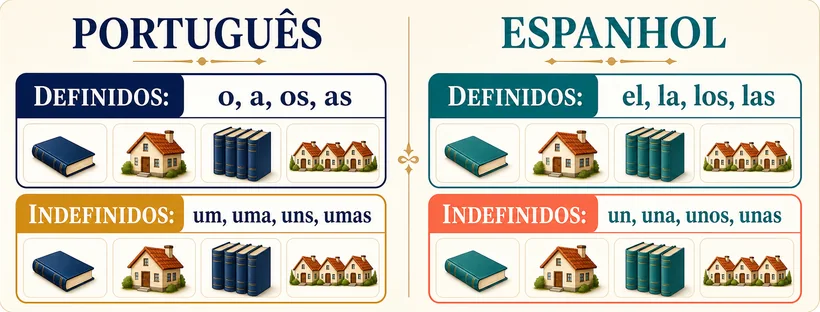 Quadro comparativo dos artigos definidos e indefinidos em português e espanhol.