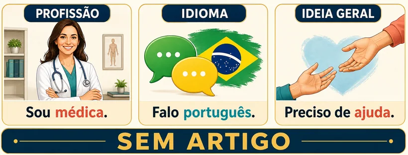 Quadro com três usos sem artigo: profissão, idioma e ideia geral.