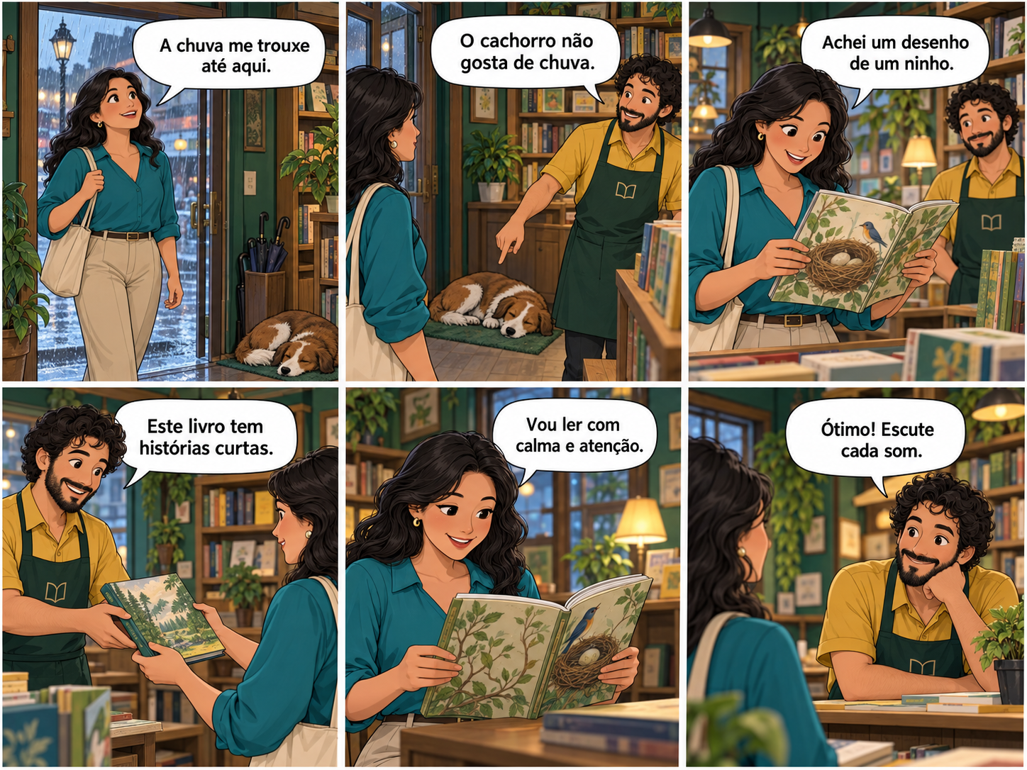 Tirinha horizontal de seis quadros em uma livraria: Ana e Bruno conversam sobre chuva, cachorro, ninho e leitura.
