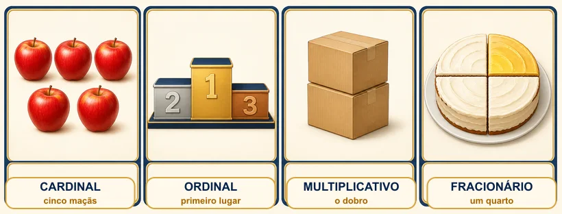 Quadro visual com numeral cardinal, ordinal, multiplicativo e fracionário.