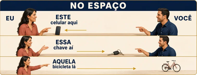 Distância espacial de este, esse e aquele com aqui, aí e lá
