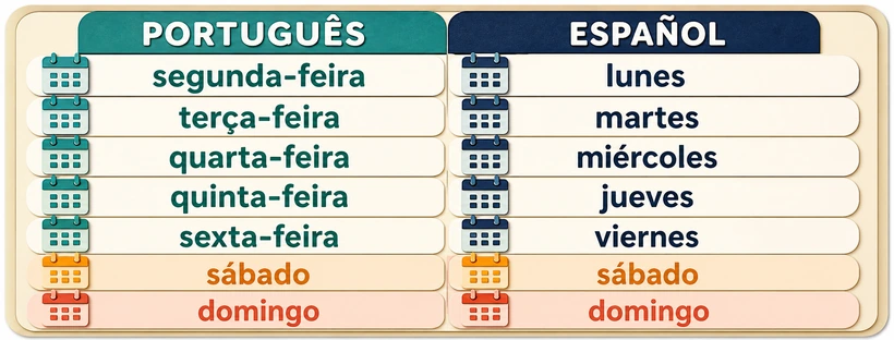Quadro bilíngue com os sete dias da semana em português e espanhol.
