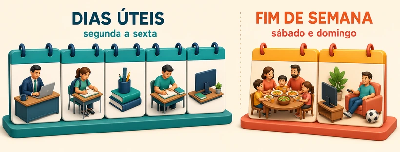 Quadro visual que compara os dias úteis, de segunda a sexta, com o fim de semana, sábado e domingo.