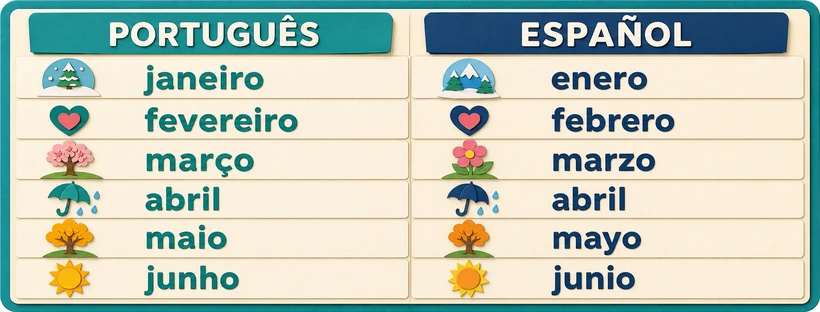 Quadro bilíngue com os meses de janeiro a junho em português e espanhol.