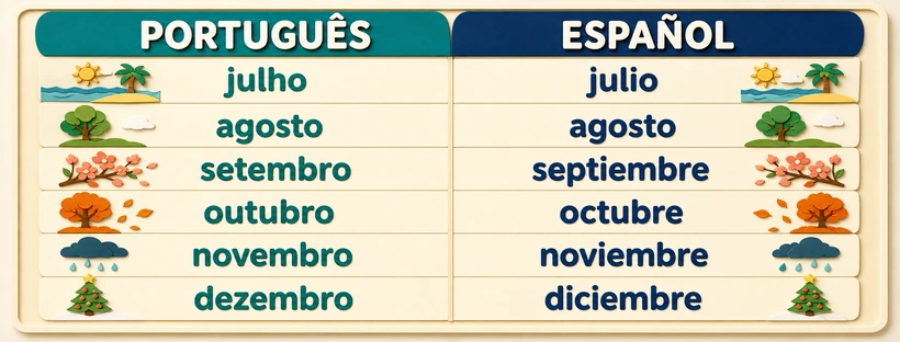 Quadro bilíngue com os meses de julho a dezembro em português e espanhol.